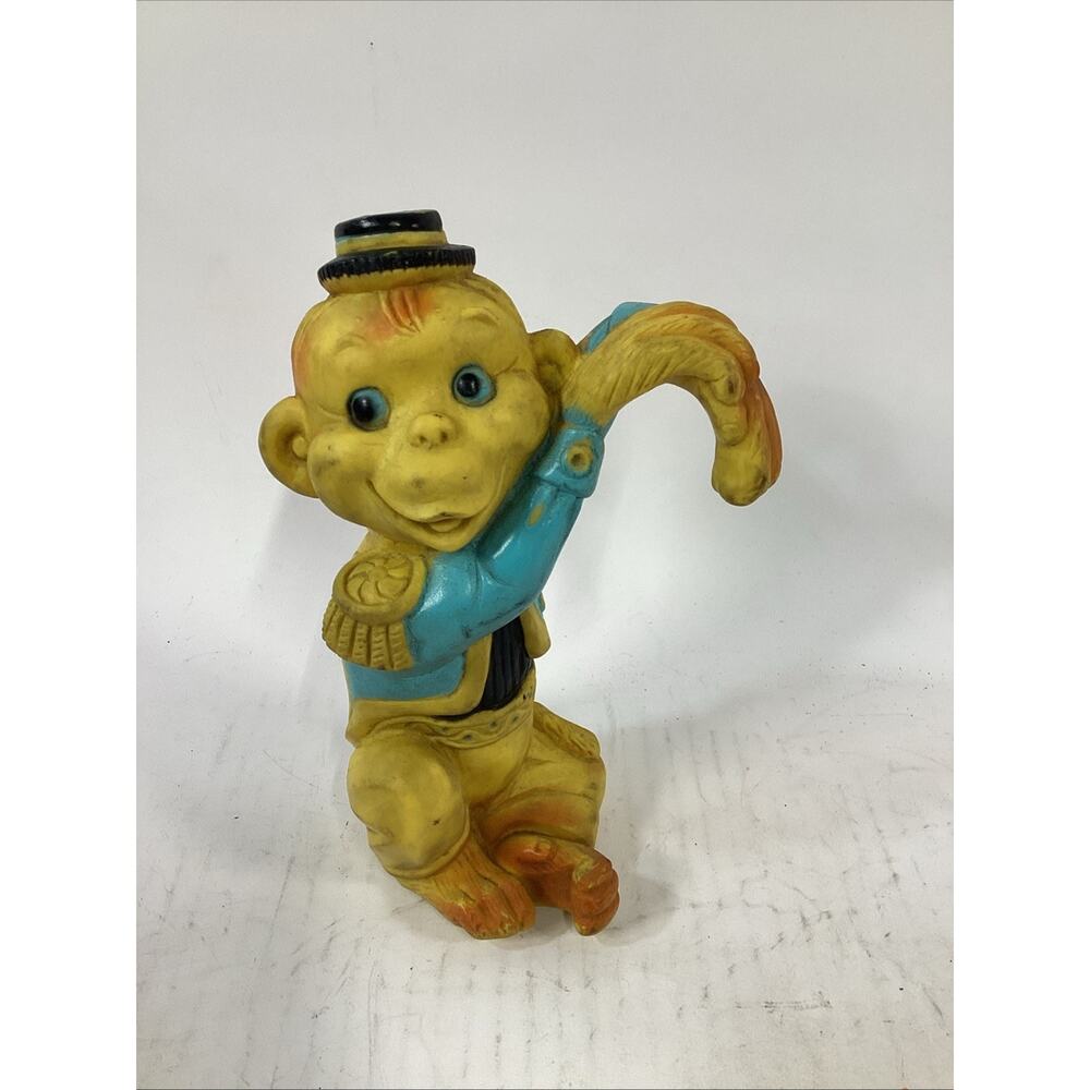 1965 Vintage AJC Rubber Yellow Monkey Squeak Toy Crib Hanger - It Works!